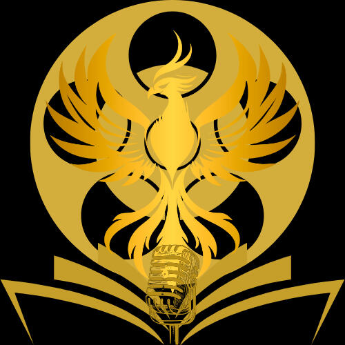 Persistor Media logo. It is gold and consists of a book, microphone, and film reel with a phoenix superimposed and rising through them.